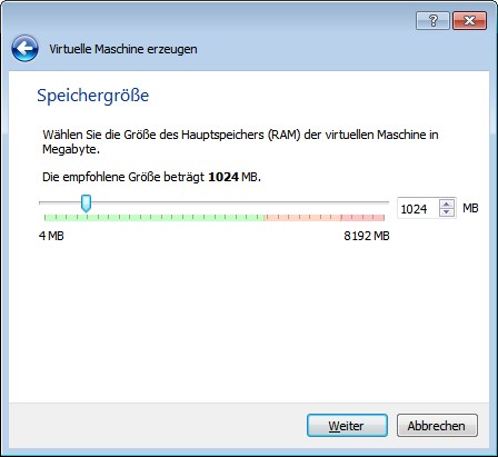 Erste Schritte bei der Einrichtung einer VM - Größe des Arbeitsspeichers