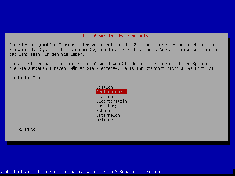 Debian Installation Erster Auswahlbildschirm