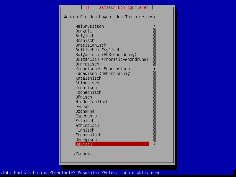 Debian Installation Erster Auswahlbildschirm