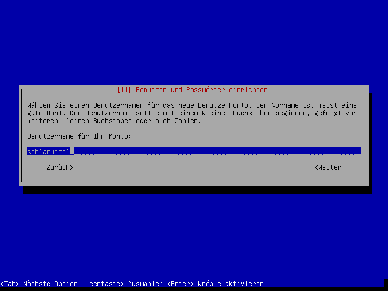 Debian Installation Erster Auswahlbildschirm