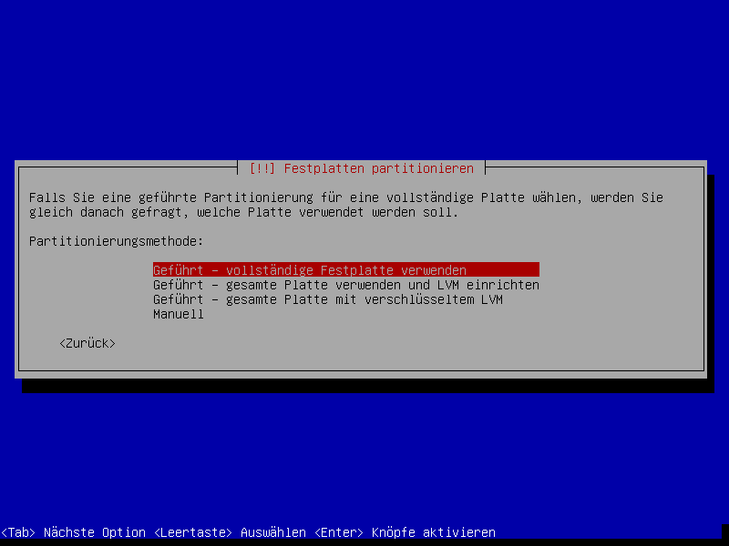 Debian Installation Erster Auswahlbildschirm