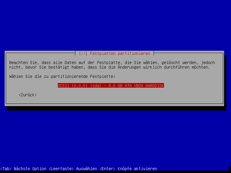 Debian Installation Erster Auswahlbildschirm