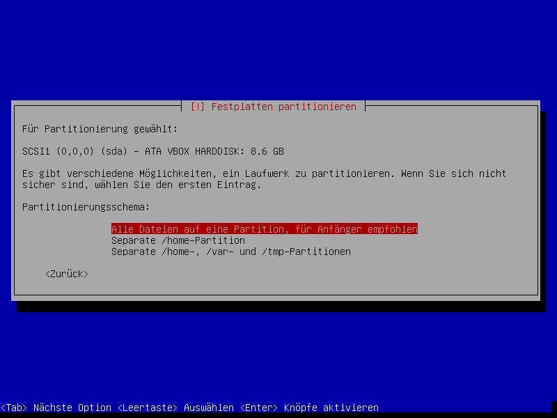 Debian Installation Erster Auswahlbildschirm