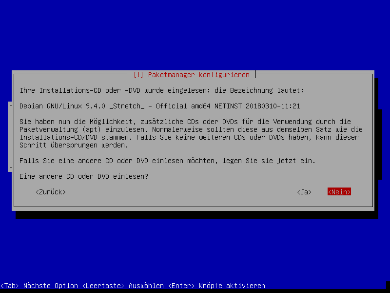 Debian Installation Erster Auswahlbildschirm