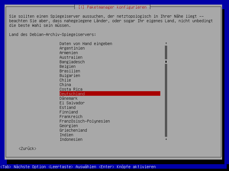 Debian Installation Erster Auswahlbildschirm