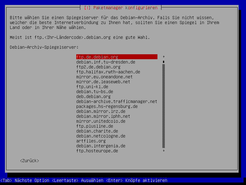 Debian Installation Erster Auswahlbildschirm